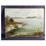 Original Oil Painting On Canvas Of Oil Platforms In Ocean With City Background By Crittendon, 18" x 