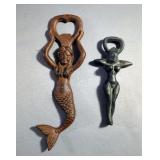 Cast Iron Mermaid And Nude Bottle Openers, 9.25" And 6" Long