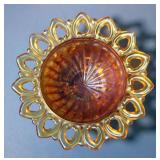 Northwood 3-Footed Bowl In Marigold Wild Rose With Stippled Rays Interior