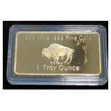 United States Of America 1 Troy Ounce 500 Mil Thick .999 Fine Gold Plated Buffalo Art Bar