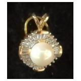 14K Gold Diamond And Cultured Pearl Pendant, Approx 3.22 g Total Weight Includes Stones