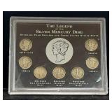 Mercury Dimes, Qty 7, In Display Case, 1864 2-Cent Coin, Wheat Pennies, Qty 3, 1951 Silver Plated Pe