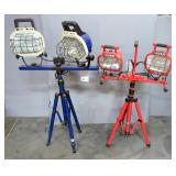 Husky Halogen Dual Head Work Lights And Unbranded Dual Head Work Lights, Both On Collapsible Tripods