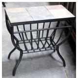 Slate Style Tile Top Black Metal Base Side Table, Magazine Holder, Indiv Tiles, Grid Bottom, 1