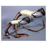 Decorative Powder Horns With Metal Eagle and Wolf Faces, Caps and Plugs, Wall Hangers, 12" and 15"