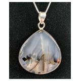Scenic Agate Cabochon Pendant - 925 Silver Mounting and 20" Sterling Silver Chain