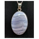 Natural Blue Lace Agate Cabochon Pendant - 925 Silver Mounting and 20" Sterling Silver Chain