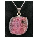 Natural Thulite Cabochon Pendant - 925 Silver Mounting and 20" Sterling Silver Chain