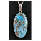 Natural Turquoise Cabochon Pendant - 925 Silver Mounting and 20" Sterling Silver Chain