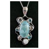 Natural Multi-Stone Larimar And Moonstone Pendant With 20" Sterling Silver Chain