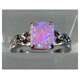Square Cut Pink Opal Ring - 925 Silver, Size 8 
