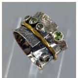 Sterling Silver Multi Faceted Round Cut Peridot Spinner Ring With Five Stones- Size 8 