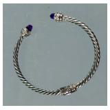 Hinged Sterling Silver Rope And Amethyst Bangle Bracelet