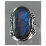 Sterling Silver Natural Oval Labradorite Cabochon Ring, Artist Mark Unknown - Size 10