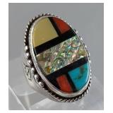 Zuni Sterling Silver Geometric Inlay Heavyweight Ring With Turquoise, Abalone, Red Coral, And Mother