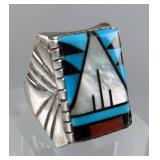Zuni Sterling Silver Geometric Inlay Heavyweight Ring With Turquoise, Abalone, Red Coral, And Mother