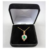 Emerald And Diamond Tear Drop Pendant With Chain, Ten Baquette, Nine Round And Three Oval Diamonds