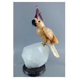 Carved Stone Parrot On Polished Quartz Crystal Base, 7.5" Tall 