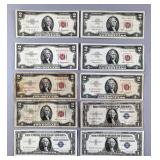 Red Sealed $2 Bills 1963 Qty. 3, 1953 Qty. 4, Blue Seal $1 Silver Certificates 1935 Qty. 1, And 1957
