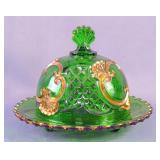 Emerald Green Glass Creamer With Gold Trim, Butter Dish And Sugar Bowl