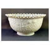 Milk Glass Tree Of Life 8.5" Bowl With Lacy Edge And Pressed Glass 19" Kio Fish Pitcher