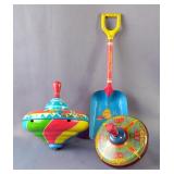 Tin Litho Spinning Tops Including Ohio Art Top And Ohio Art Happy Sand Man Shovel, Total Qty 3