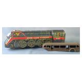 Overland Express Battery Operated Tin Litho Train Engine, Untested, And Cast Iron Toy Trailer