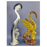 Glazed Ceramic 17" Peacock, Chip In Head Dress, And 15" Swan