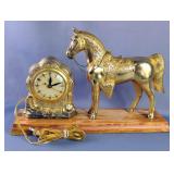 United Clock Corporation Brass Toned Horse Clock Mounted On Wooden Base, Clock Needs Repair, 11" x 7