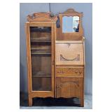Carved Oak Secretary With Glass Paneled Side Cabinet, 66" x 38" x 11", Lower Cabinet Has Repaired Do