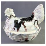 Slag Glass Nesting Chicken With Woven Basket Design, Approx 7"Tall