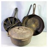 Ozark Cast Iron Dutch Oven No. 8 With Lid, Cast Iron Corn Bread Pan, And 10" Cast Iron Skillet