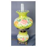 Victorian Style Electric Lamp With Floral Design And Hurricane Shade, Glass Shade Has Some Damage