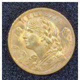 1927 Switzerland 20 Francs Gold Coin, 90% Gold, 6.452 g Total Weight
