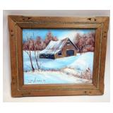 Original Painting On Canvas Of Barn In Winter Scene By Faye Walters, Framed, 15.5" x 18.5"