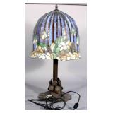 Heavy Leaded Tiffany Style Table Lamp, 13" Stained Glass Shade, 2 Bulb, 25"H, Metal Floral Base