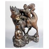Intricate Hand Carved Chinese Monks & Griffin Style Dragon, Signed, Perhaps Bone Teeth, 10.5", Old