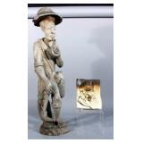 Large Carved Detailed Wood Asian Farmer With Pick & Pipe, 28"H