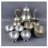 Hans Klein Den Haag Pewter Teapot, Sugar, Creamer, Kirk Pewter Jefferson Cups, Qty 2 And Chase Chrom
