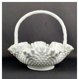 Hobnail Milk Glass Handled Basket With Ruffled Edge And Diamond Point Candy Dish