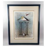 Architectural-Style Print Of Two Columns And Triangles, Framed And Matted Under Glass, 25.5" x 32", 