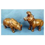 Leather Wrapped Rhino, 7.5" x 12.5" And Hippo, 11" x 11.5" 