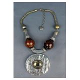Silver Toned Medallion Style Necklace With Beads, Medallion Measures, 3" x 3.25" 