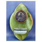 Marble Holy Water Font With Brass Rosa Mystica Medallion, 7.5" x 4.5"