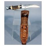 Vintage Solingen Germany Fixed Blade Stag Knife w Holder, 10"