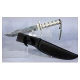 Large Survival Bowie Knife w Screw Cap Compass Bottom, w Sheath, 14" Total