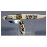 Ornate Indian and Wolf Sheathed Knife, Franklin Mint Hunting Dog Pocket Knife