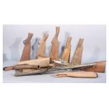 Gun Parts - Wood Butt Stocks (11), Double Barrels w Illegible Mark, Black Powder Receiver