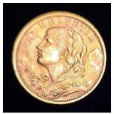 1927 Switzerland 20 Francs Gold Coin, 90% Gold, 6.452g Total Weight