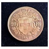1927 Switzerland 20 Francs Gold Coin, 90% Gold, 6.452g Total Weight 